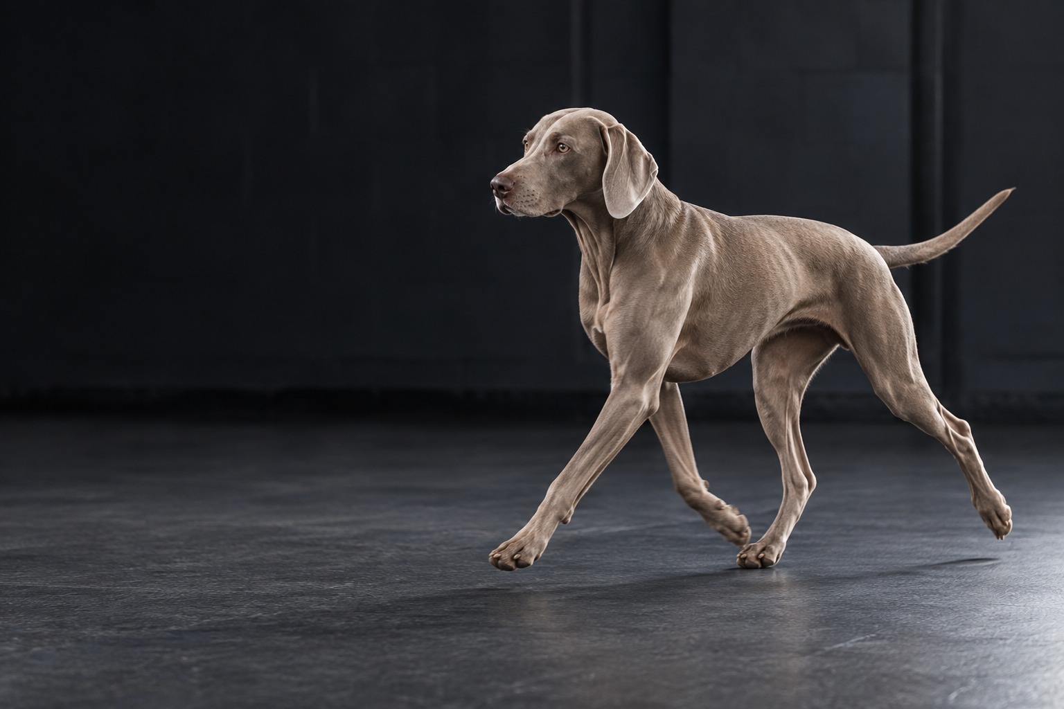 Lean Weimaraner moving through a dark studio